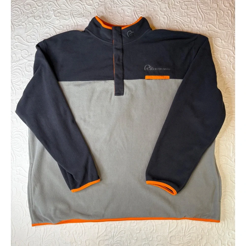 Ducks Unlimited Fleece Pullover Snap Neck‎ Mock Collar Gray with Orange Men XXXL